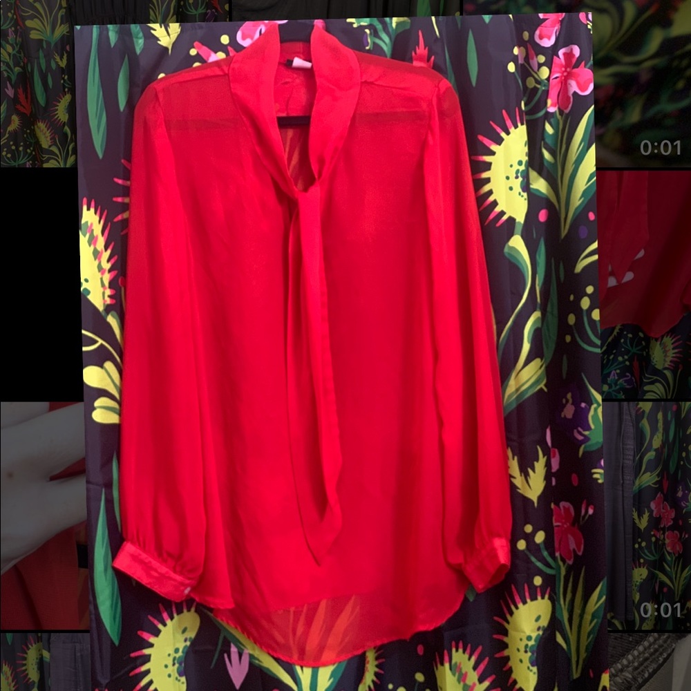 Retrolicious neck tie red chiffon retro blouse shirt